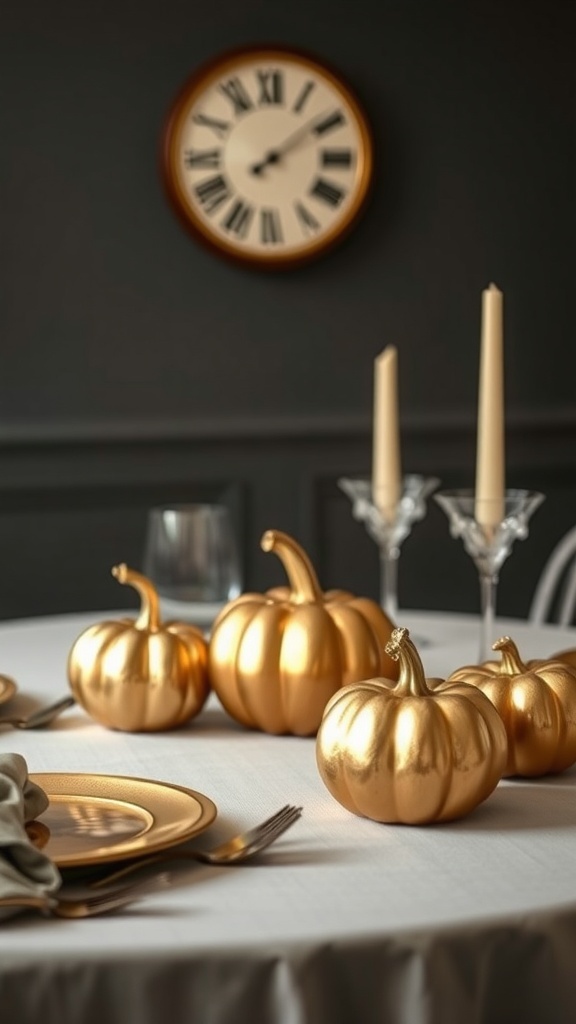 A Thanksgiving table featuring metallic mini pumpkins and elegant decor.