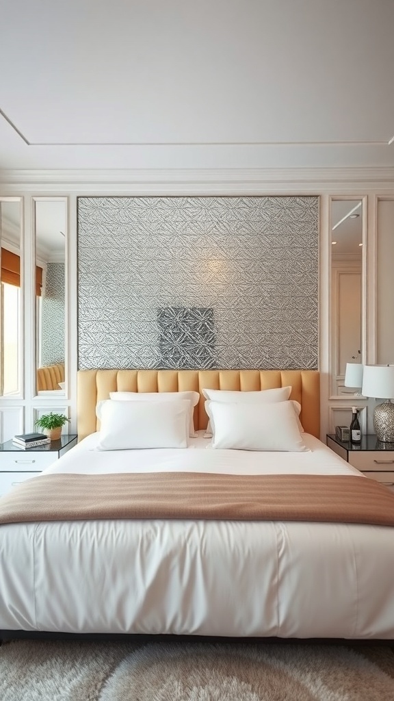 A stylish bedroom featuring a metallic patterned headboard wall with an upholstered headboard and soft bedding.