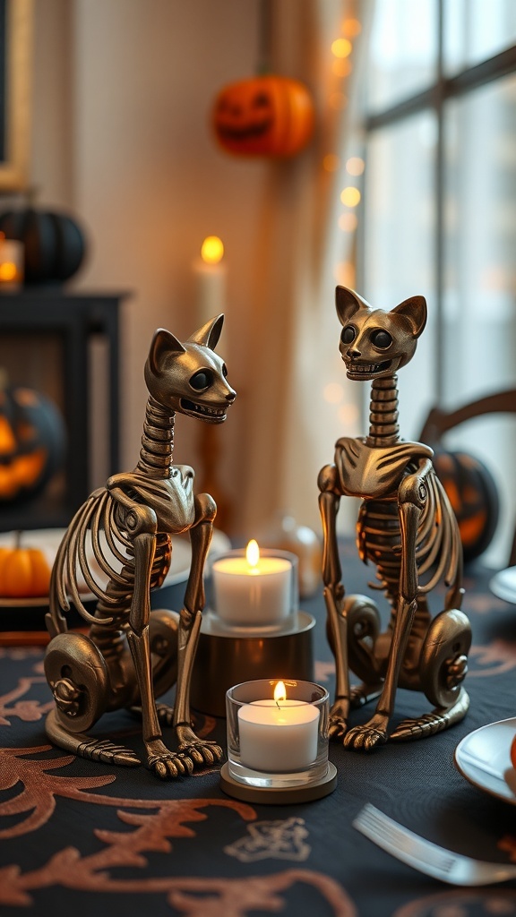 Two metallic skeleton cat tealight holders with candles, surrounded by Halloween decorations.