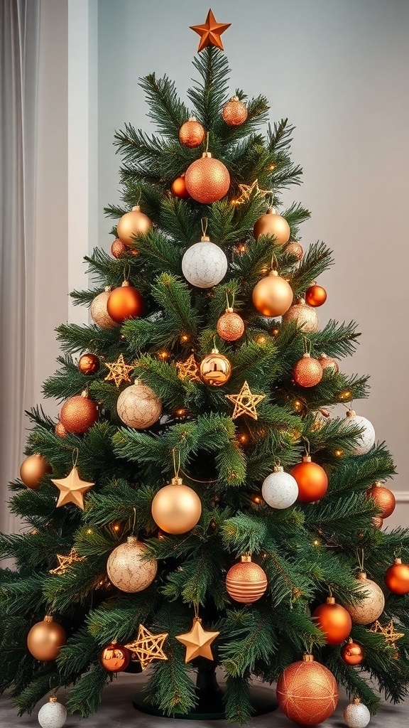 A beautifully decorated Christmas tree with a metallic collar, featuring warm lights and colorful ornaments.