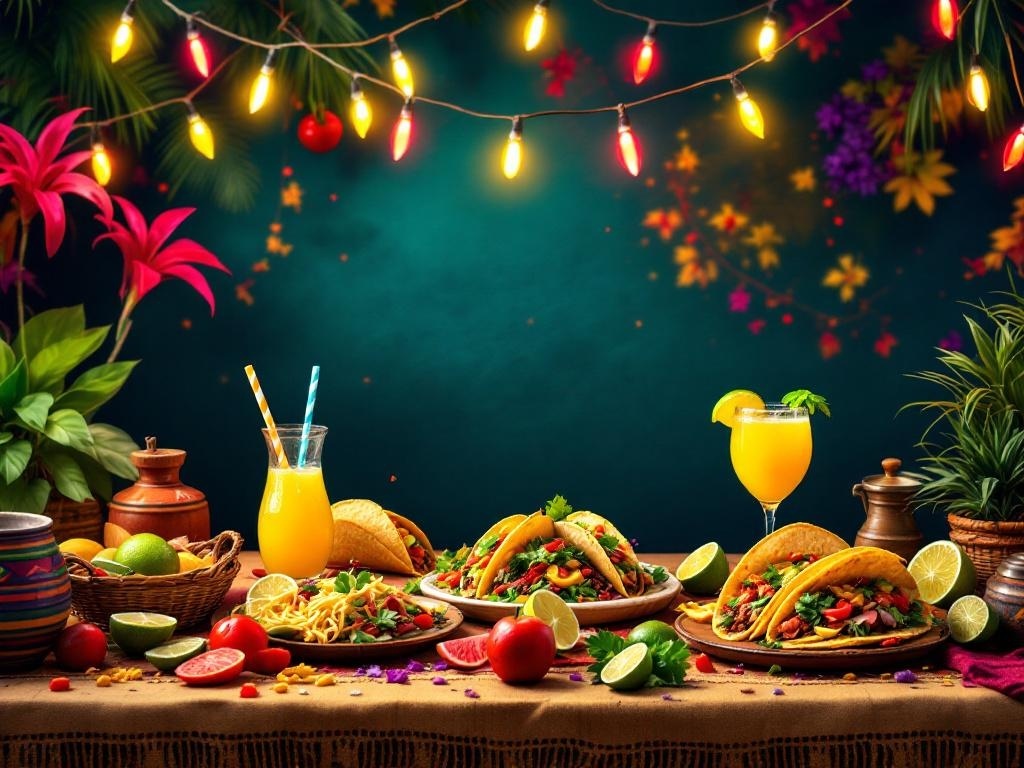 A vibrant Mexican Fiesta Night setup featuring colorful tacos, drinks, and festive decorations.