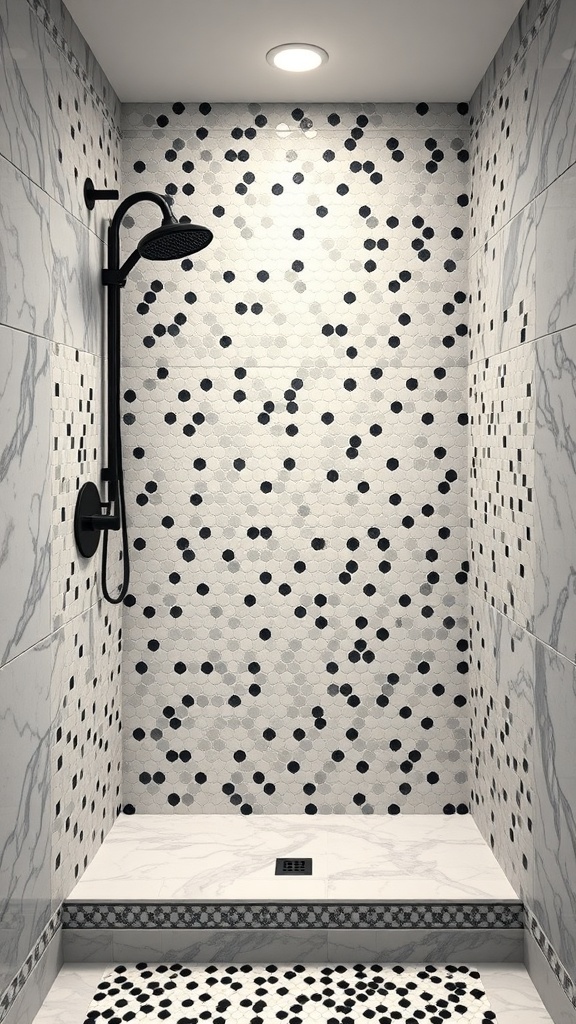 A modern shower featuring micro mosaic tiles with black dots on a light background, showcasing a retro style.