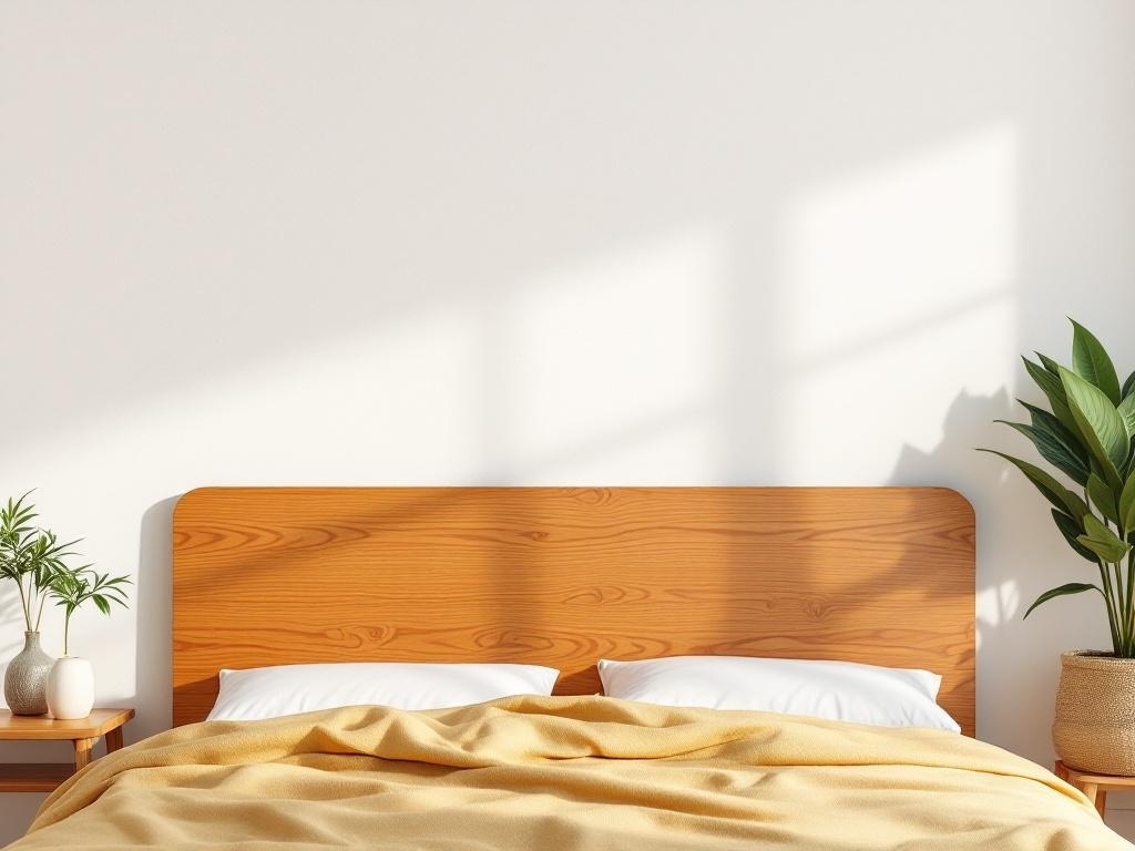 Mid-century inspired plywood headboard with rounded edges in a modern bedroom setting