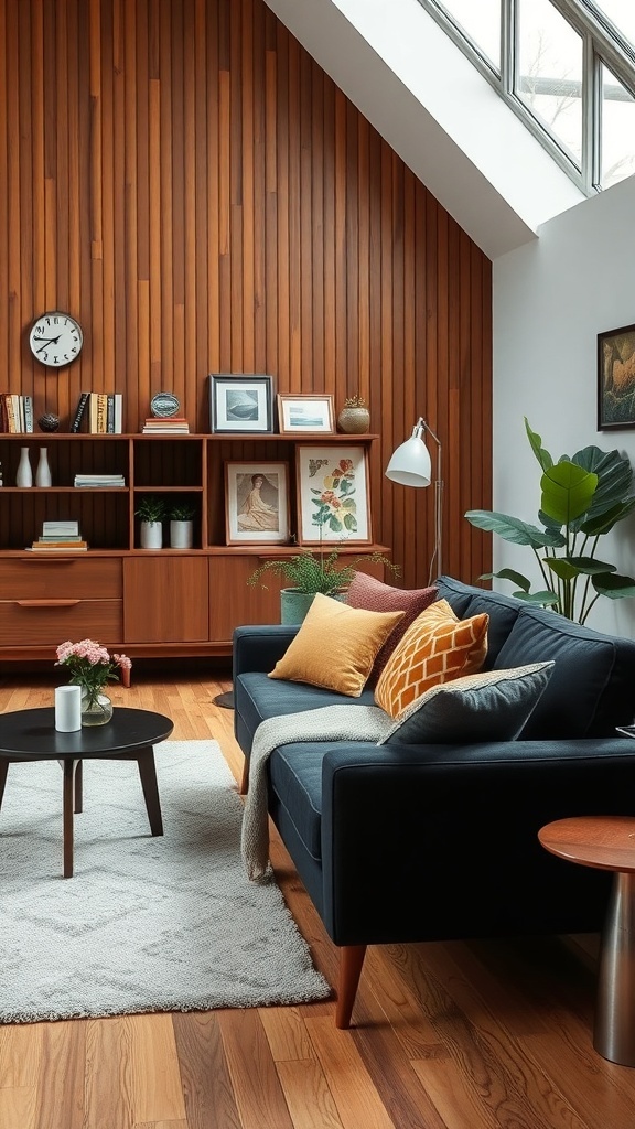A stylish living room featuring a black sofa, wooden wall, colorful pillows, and a round coffee table.