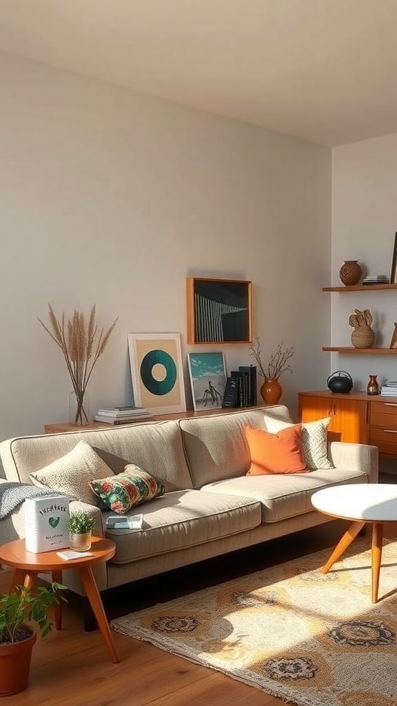 A cozy mid-century modern living room featuring a beige couch with colorful pillows, a round coffee table, and wooden furniture.