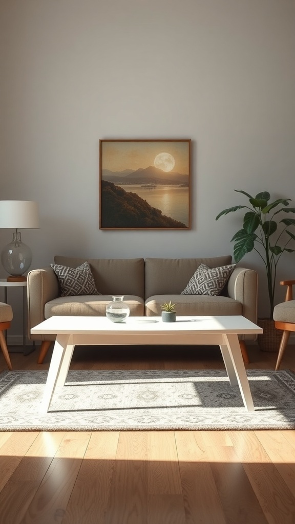 A stylish mid-century modern living room featuring a white coffee table, cozy sofa, and decorative elements.