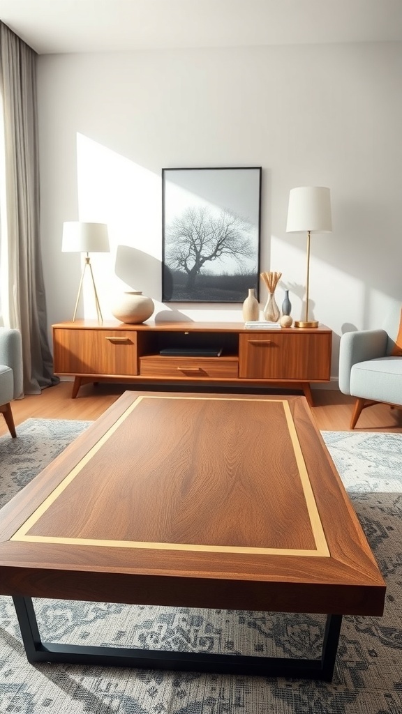 Mid-Century Modern Teak Coffee Table with brass inlays and black metal legs