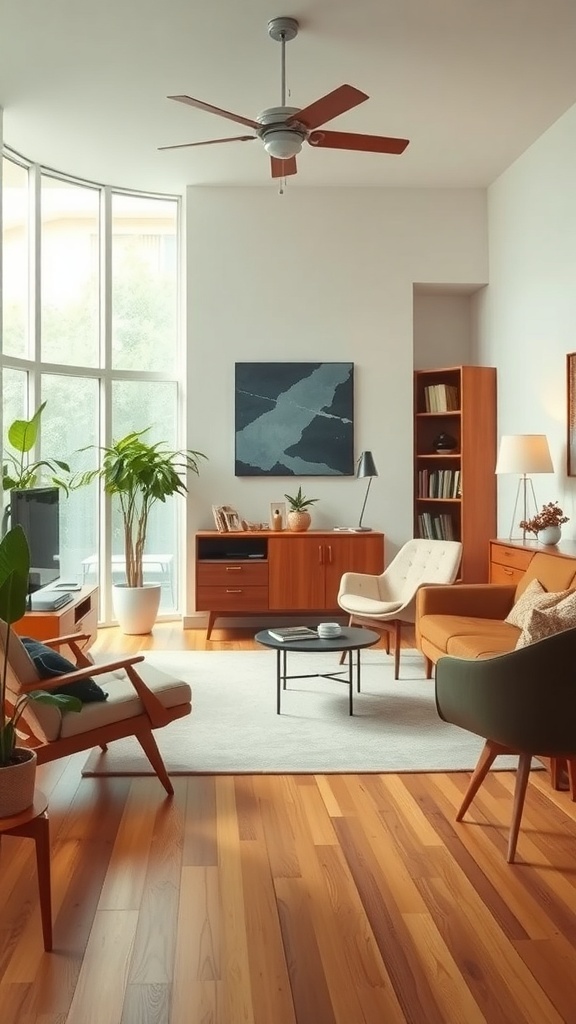 A bright living room featuring Mid-Century Modern furniture with warm wood tones and clean lines.