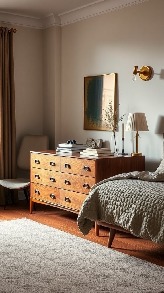 Mid-century modern walnut chest of drawers in a stylish bedroom setting