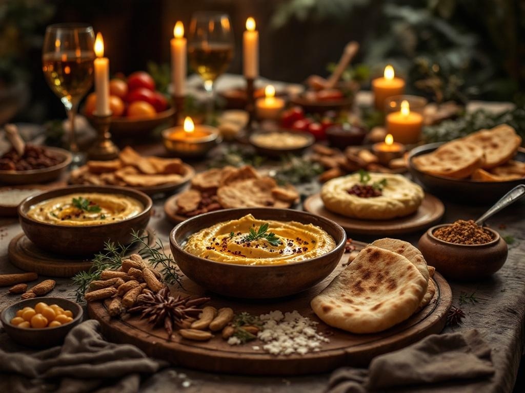 A beautifully arranged Middle Eastern mezze spread featuring hummus, pita bread, and candles.