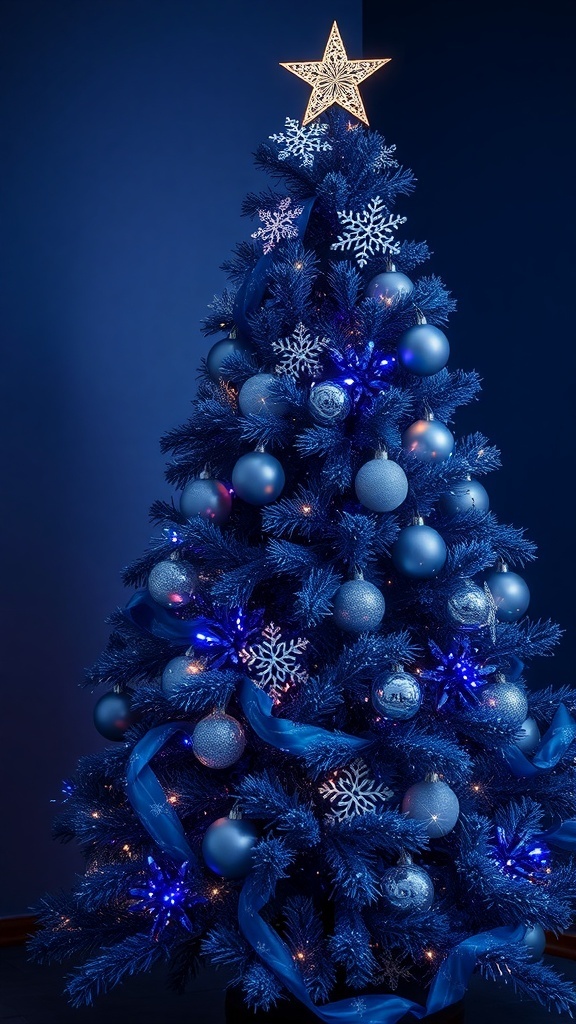 A beautifully decorated Christmas tree in midnight blue and silver, featuring ornaments, ribbons, and a star topper.