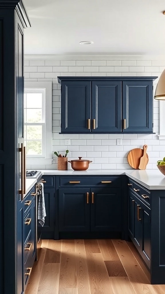 A modern kitchen featuring midnight blue cabinets and white subway tile backsplash, accented with brass hardware and natural wood flooring.