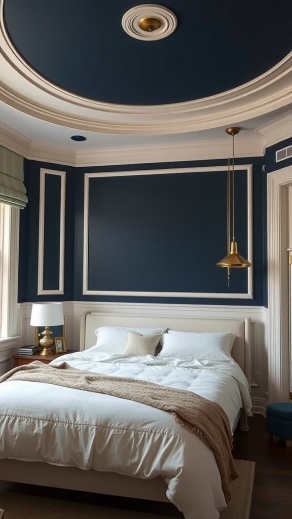 A cozy bedroom featuring midnight navy walls with cream trim, a white bed with textured bedding, and warm metallic accents.