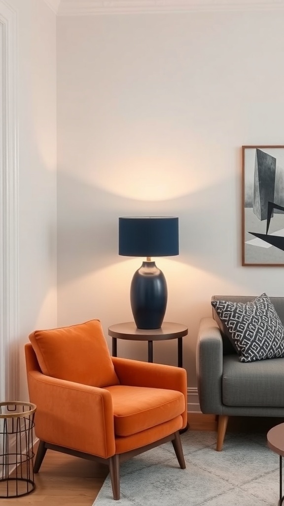 Milly Navy Lamp next to an orange chair in a stylish living room