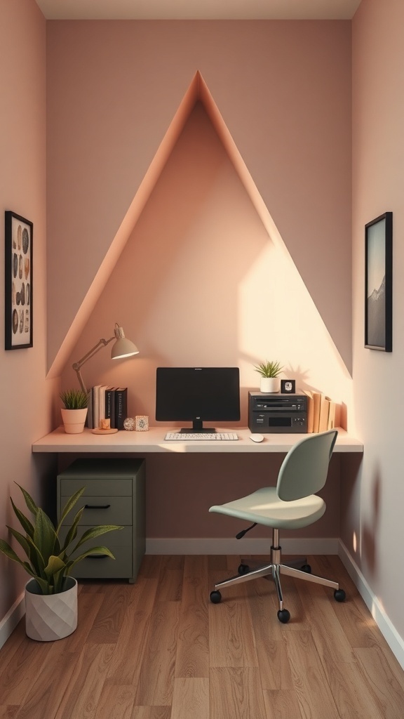 A cozy triangle nook workspace with soft pink walls, a desk, a computer, and a plant.