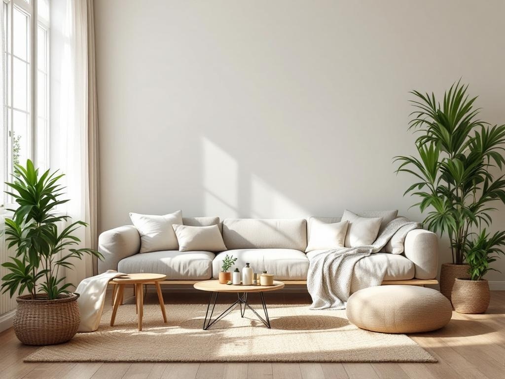 A bright and minimalistic living room with a cozy couch, plants, and a simple coffee table.