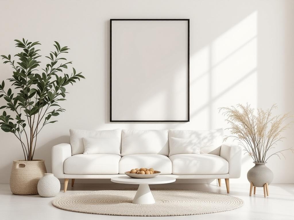 A cozy minimalist living room featuring a white sofa, round coffee table, plants, and a neutral color palette.