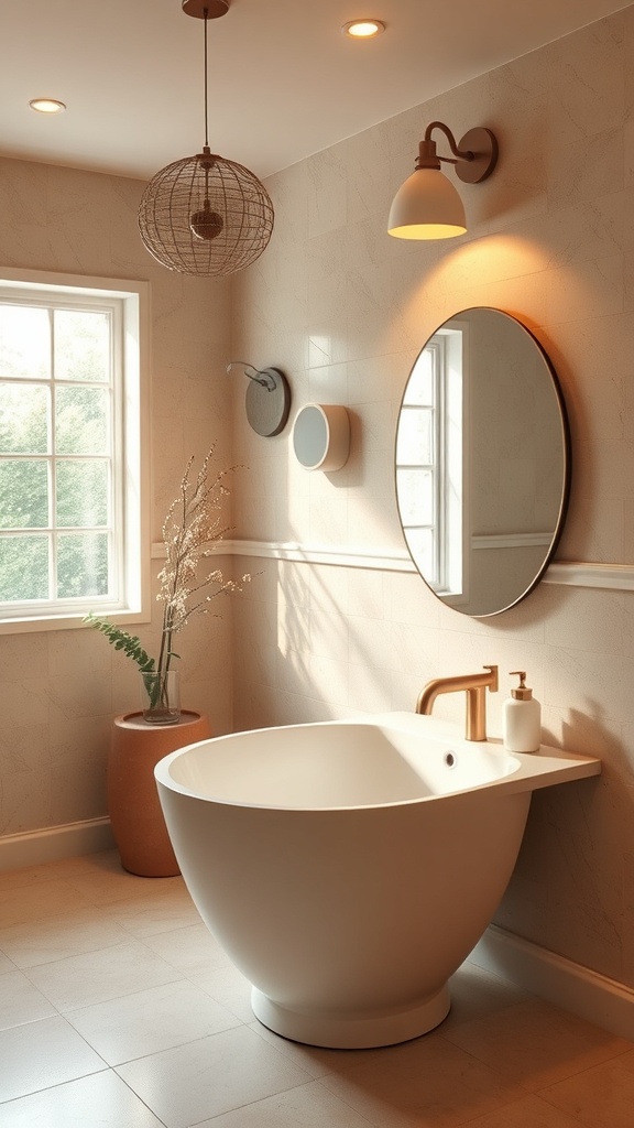 A serene bathroom featuring a round bathtub, natural light from a window, and stylish lighting fixtures.