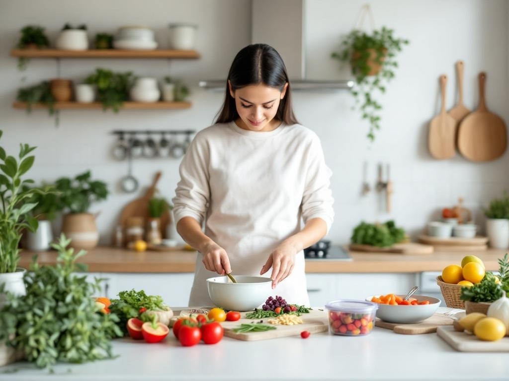 A person preparing fresh ingredients in a bright and organized kitchen.