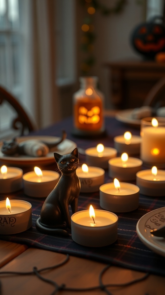 A table decorated with mini cat tea lights and a black cat figurine, creating a cozy Halloween atmosphere.