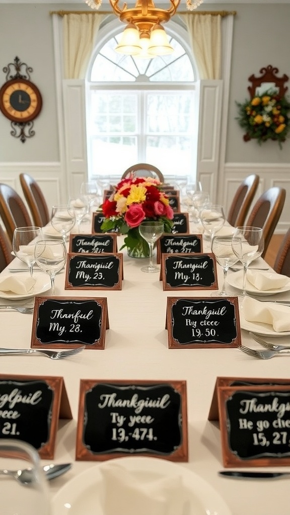 A beautifully set Thanksgiving table featuring mini chalkboard place cards with names, surrounded by elegant tableware and a floral centerpiece.
