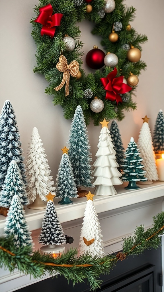A festive mantel decorated with mini Christmas trees, a wreath, and garland.