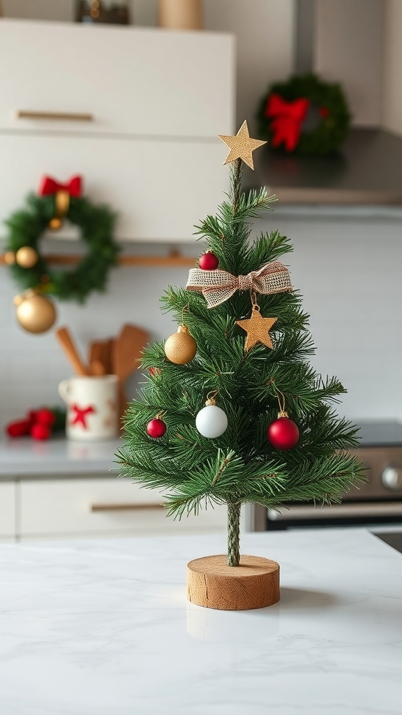 A small decorated Christmas tree on a kitchen counter.