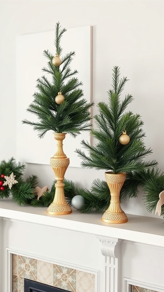 Two mini Christmas trees in gold bases on a fireplace mantel, decorated with golden ornaments and surrounded by greenery.