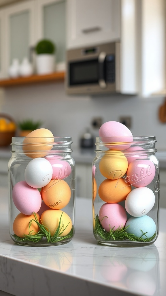 Two jars filled with colorful Easter eggs on a kitchen countertop.