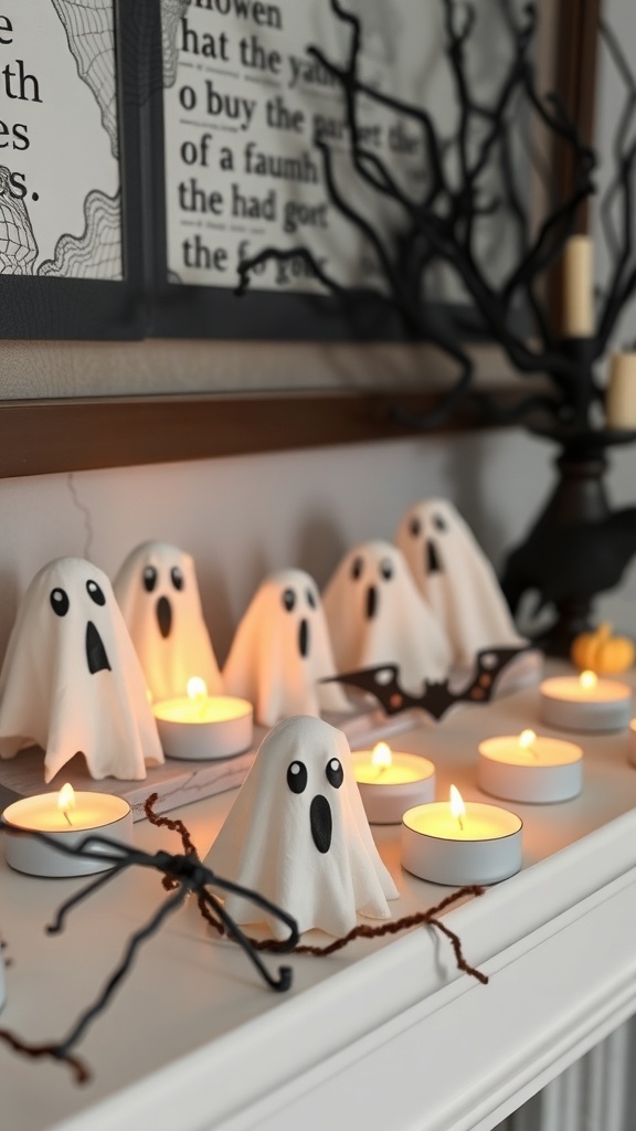 A collection of mini ghost tea lights with painted faces, glowing softly on a mantel.