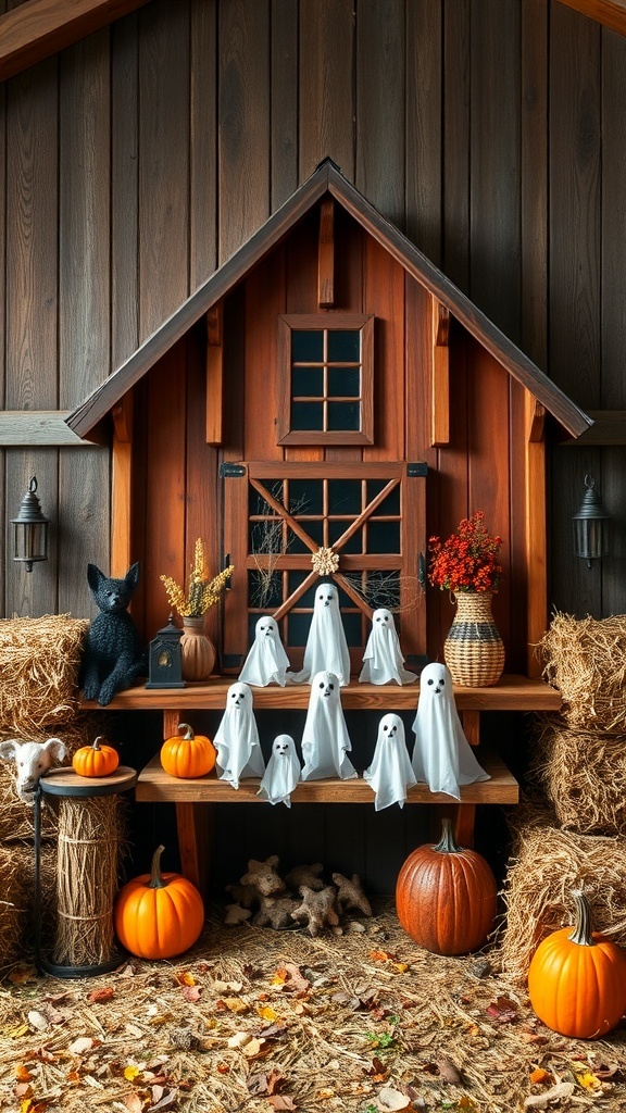 A mini haunted barn scene with ghost figurines, pumpkins, and hay bales, showcasing rustic Halloween décor.