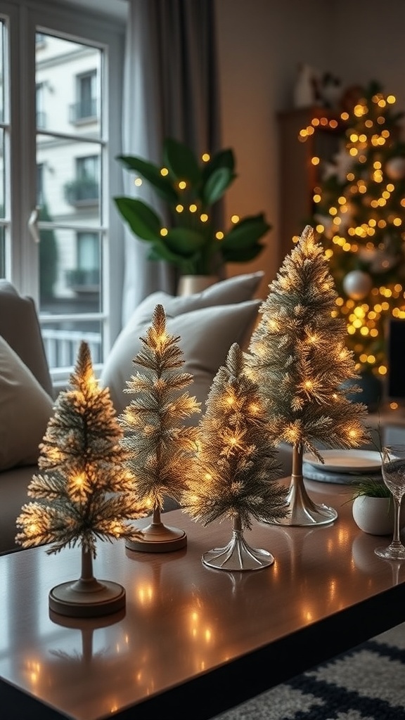 Mini LED Christmas trees with warm lights on a table