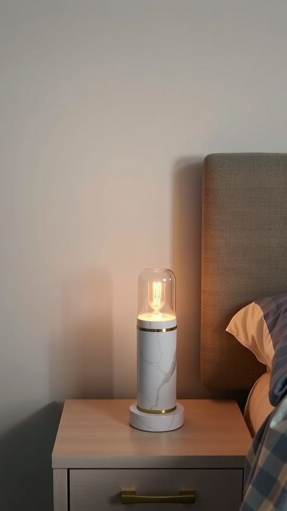 Mini Ottilie Marble Lamp on a bedside table with a cozy glow