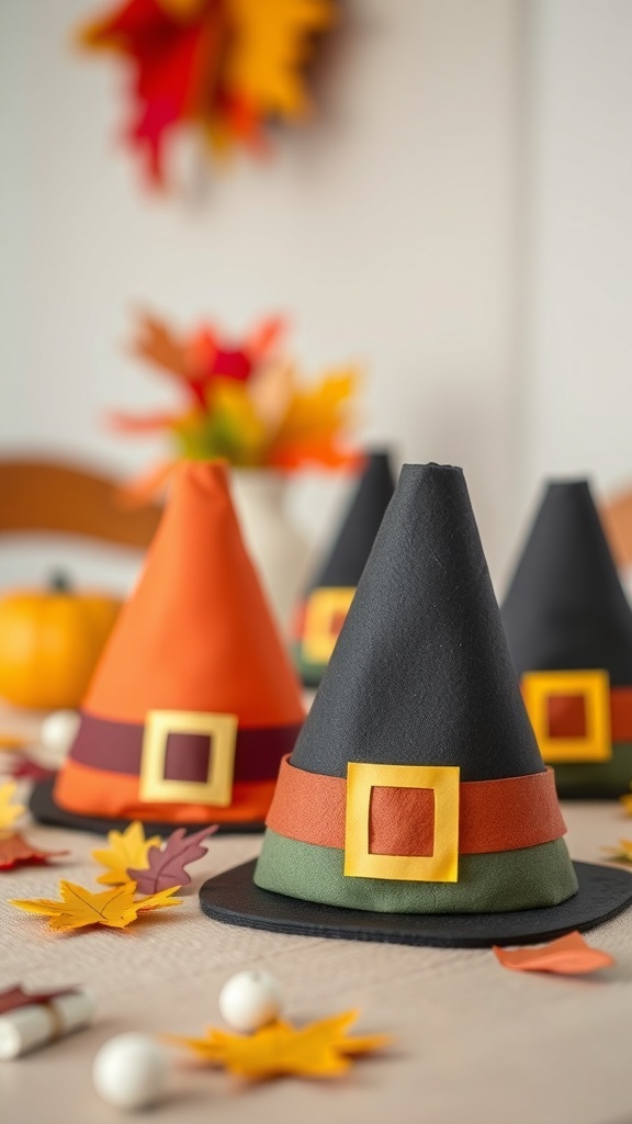 Colorful mini pilgrim hats made from paper, displayed on a table with autumn leaves.