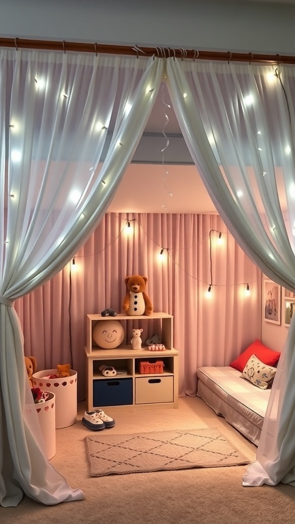 Cozy under-bed play zone with fairy lights and colorful storage bins