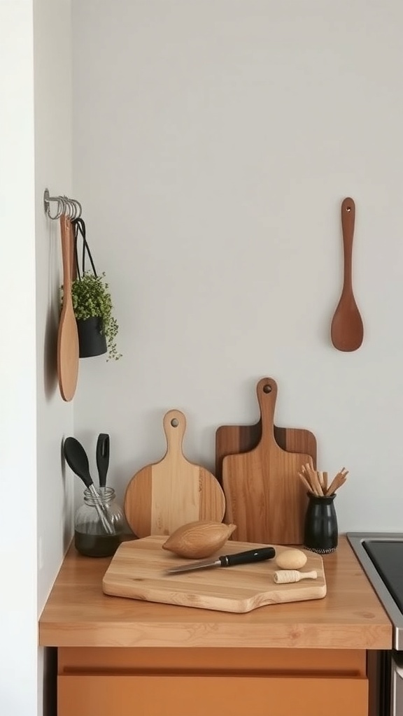 A cozy kitchen corner featuring wooden utensils, cutting boards, and a small plant.