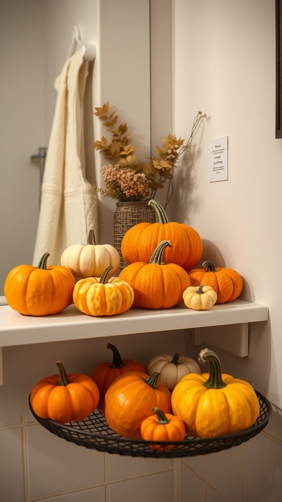A variety of mini pumpkins displayed on a bathroom countertop, adding a festive touch for Thanksgiving.
