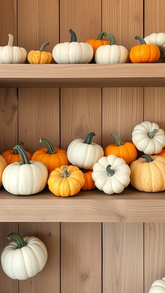 A cozy shelf displaying a variety of small pumpkins in orange and white hues.