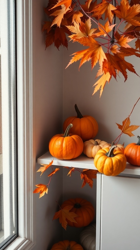 A cozy corner with mini pumpkins and autumn leaves, perfect for Halloween decor.