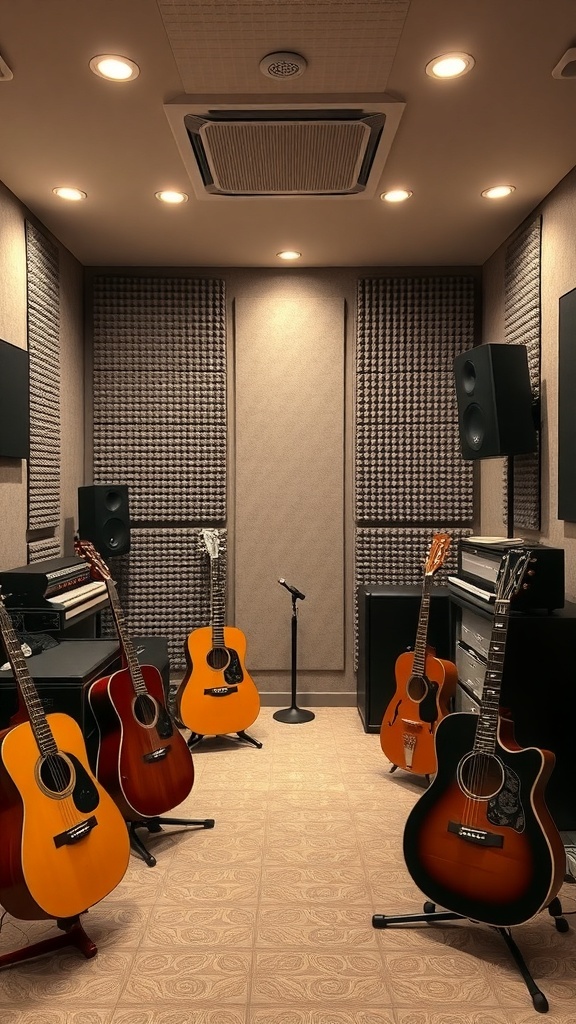 A cozy mini recording studio featuring guitars, acoustic panels, and a microphone setup.