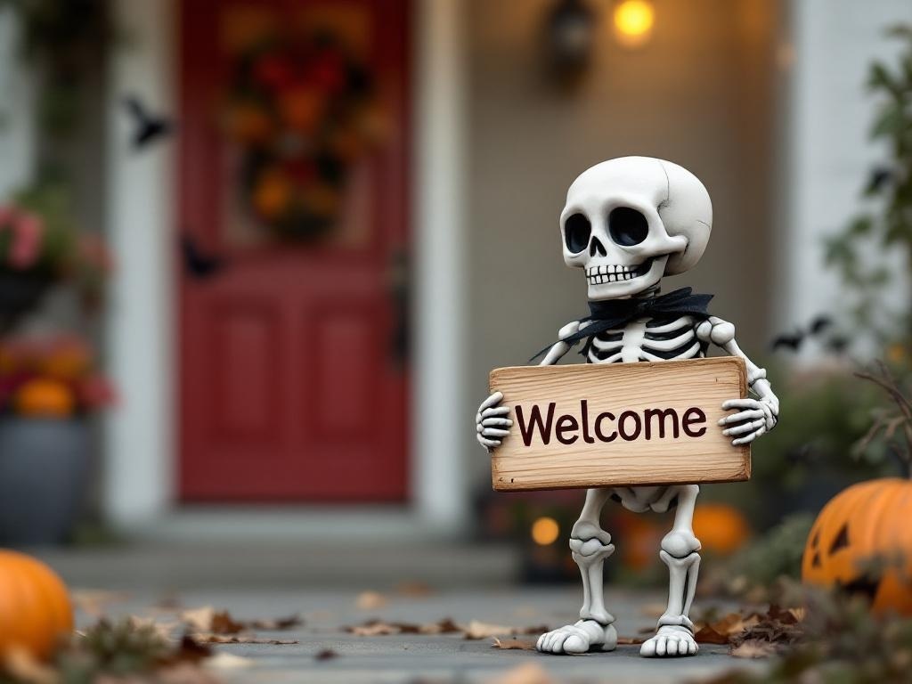 A mini skeleton holding a welcome sign, standing next to a front door decorated for Halloween.
