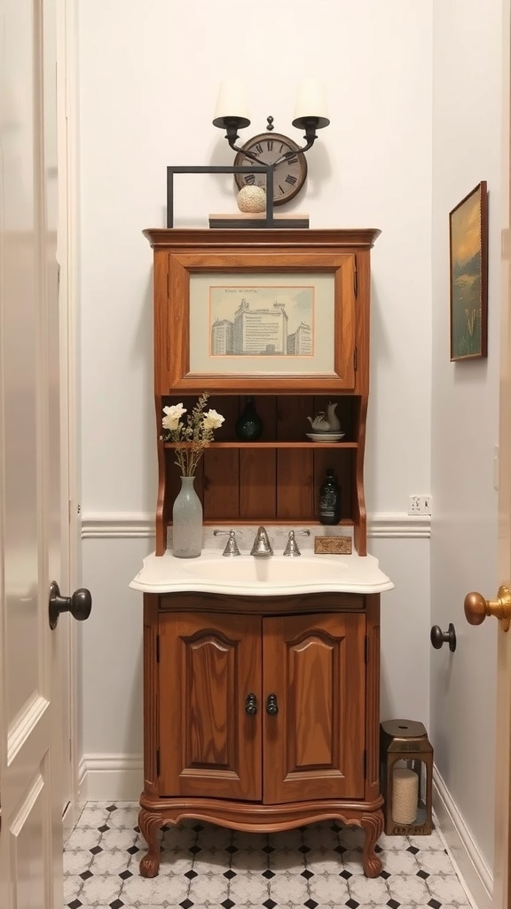 A vintage cabinet with a console sink in a small powder room, showcasing unique decor elements.