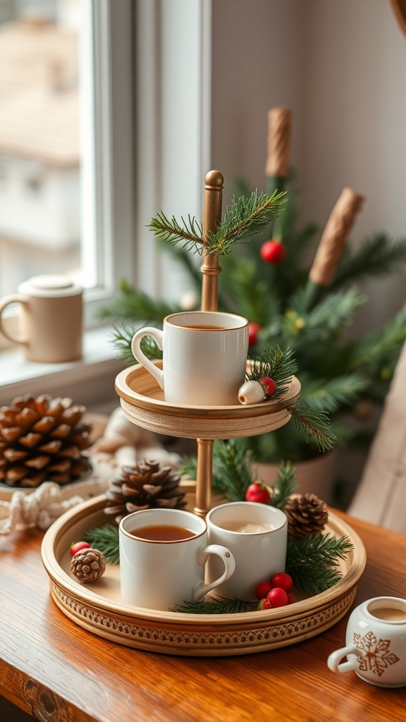 A mini tiered tray with mugs and seasonal decor, featuring pinecones and greenery.