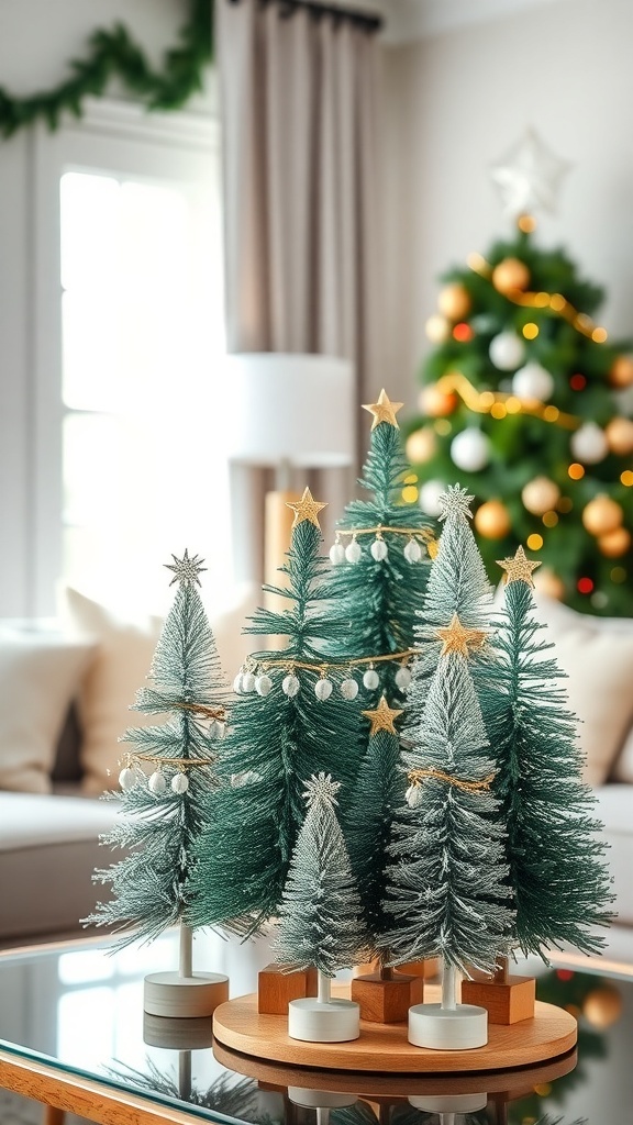 A cluster of mini Christmas trees in varying heights, decorated with stars and garlands, on a table with a larger Christmas tree in the background.