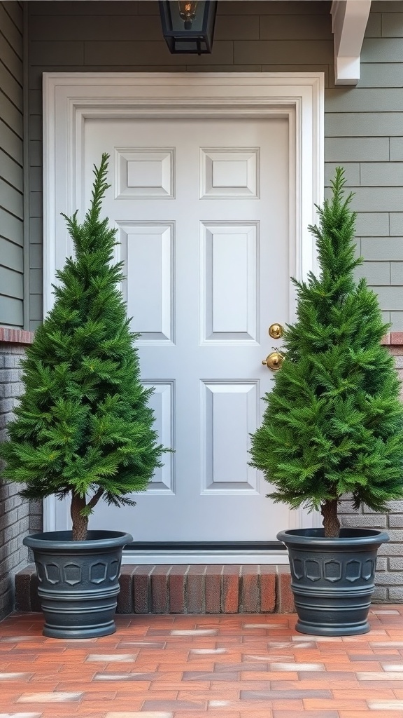 Two mini evergreen trees in black planters flanking a white front door.