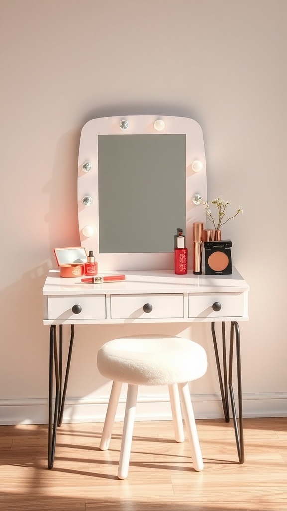A stylish mini vanity with a round mirror surrounded by lights, a white table with drawers, and a soft stool.