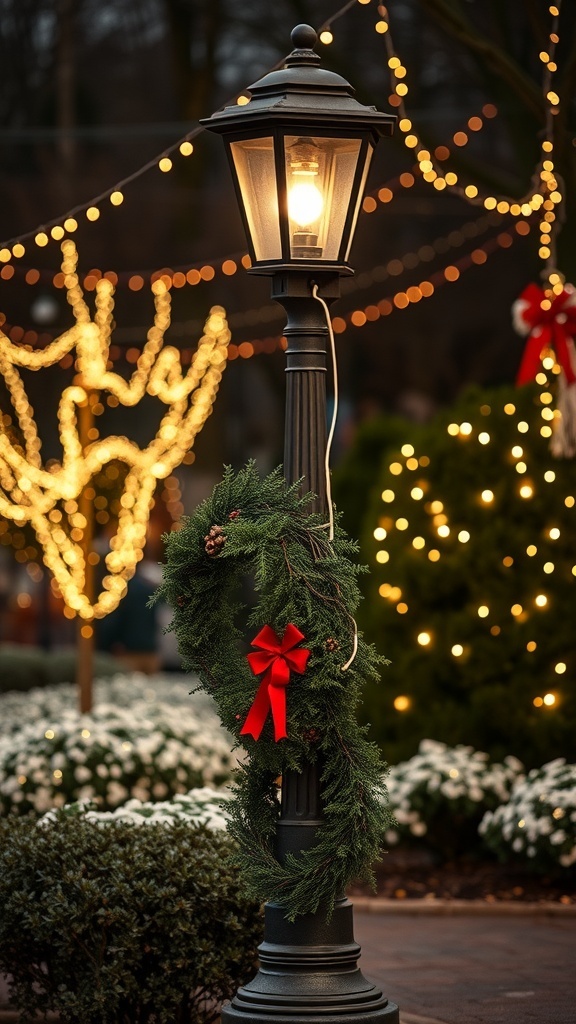 A lamp post decorated with a mini wreath featuring a red bow, illuminated by surrounding holiday lights.