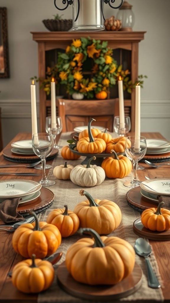 A beautifully set Thanksgiving table featuring an arrangement of miniature gourds, elegant plates, and candles.