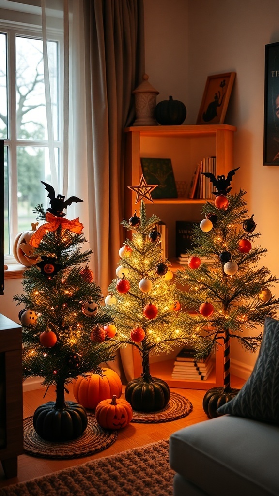 Three miniature Halloween trees with lights and decorations in a cozy indoor setting.
