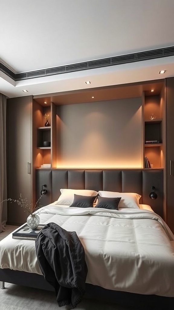 A minimalist bedroom featuring a low-profile headboard with built-in niches, softly illuminated for a calming effect.